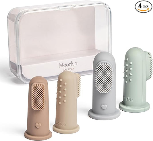 Moonkie Baby Toothbrush Finger Toothbrush Oral Cleaner Kit for 3 Months +, 4 Pcs Small (Sand/Warm Taupe)/Large (Blue/Mint)