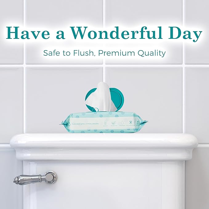 WONDERFUL Flushable Wipes, Mint 100% Plant-Based Wet Wipes for Adults & Kids, Sewer & Septic Safe, Gentle for Sensitive Skin, Wipes Flushable Pack for Bathroom & Travel, 3-Pack (180 Counts)