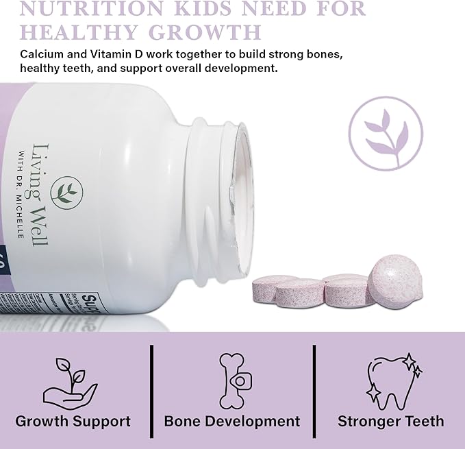 Living Well with Dr. Michelle Kids Tooth & Bone Supplement – Chewable for Strong Teeth & Cavity Defense – Calcium, D3, K2, Magnesium, Zinc – Ages 4+ – Mixed Berry Flavor – Fluoride-Free, Non-GMO