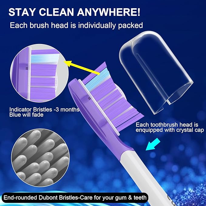 Cavzru Replacement Toothbrush Heads for Philips Sonicare Electric Toothbrush,Real Dupont Bristles for Sonicare A3 G3 W3 C3 C2 Brush Head, 6 Pack-Purple