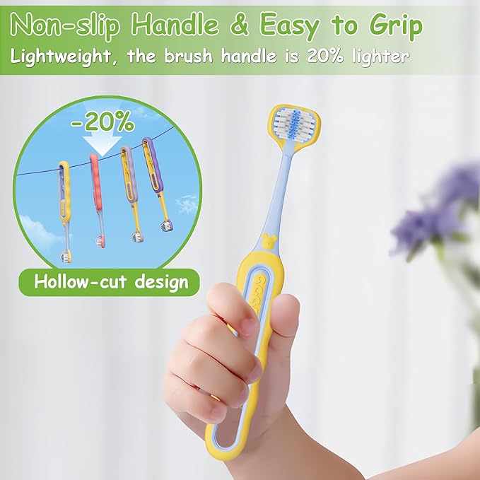 Toddler Toothbrush 4 Pack, Soft Baby Toothbrush Efficient 3 Sided Kids Tooth Brush for Ages 1-12 Years, Infant Training Tooth Brush Complete Tooth and Gum Care, Easy to Grip(Patent)
