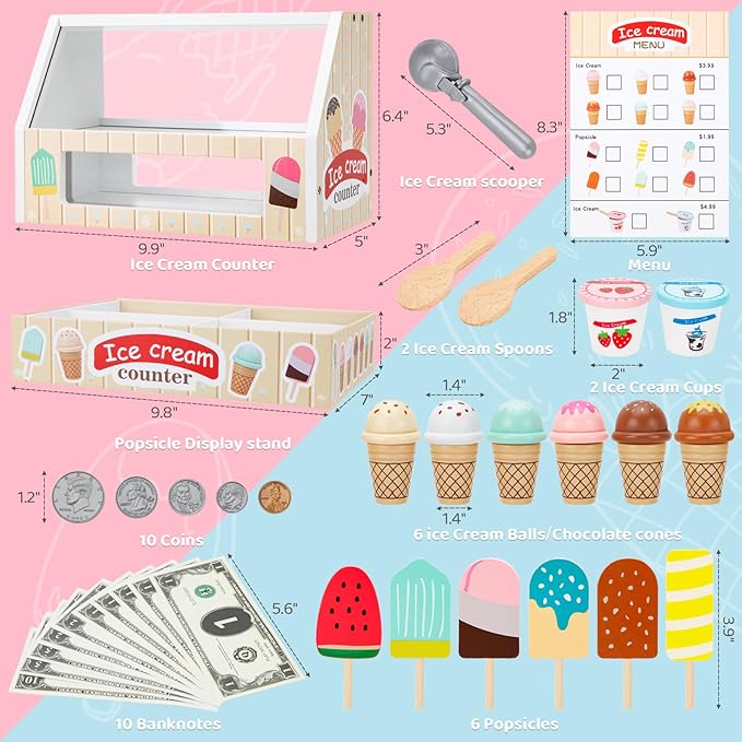 Wooden Ice Cream Toys for Kids Ice Cream Counter Shop for Toddlers Pretend Play Food Scoop and Serve with Scoop & Menu & Fake Money for Boys and Girls Ages 3 4 5 6 (Beige)