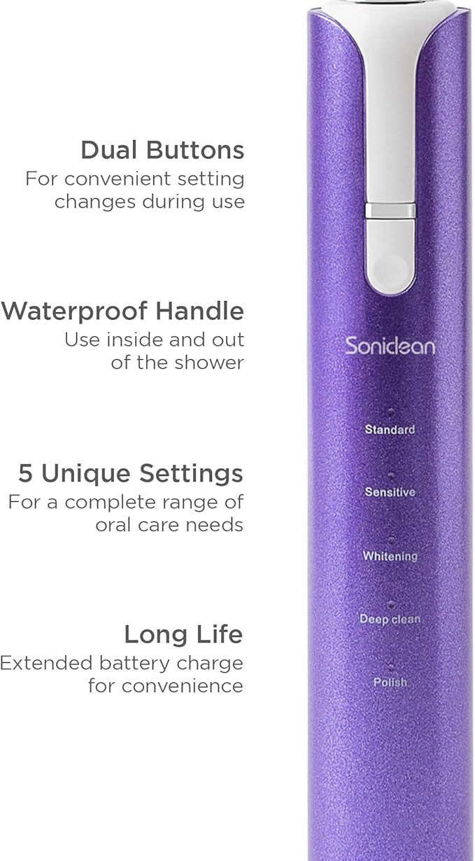Soniclean Lux Sonic Toothbrush for Adults with 6 Toothbrush Heads, Rechargeable, Automatic, Purple