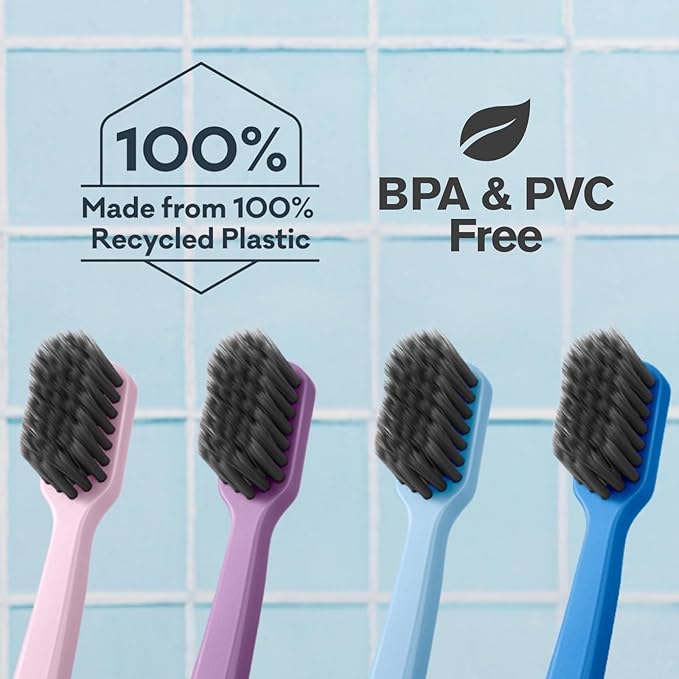 Grin Charcoal-Infused 100% Recycled Toothbrush, Medium, 4 Count, Purple, Suitable for Sensitive Teeth and Gums
