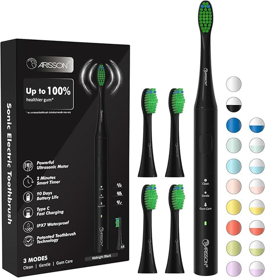 ARISSON Sonic Electric Toothbrush for Adults & Kids, 1.5H Fast Charge for 90 Days, 40,000 VPM Adjustable Clean, 4 Dupont Brush Heads, 1.6 Oz Compact Travel Case & Wall Holder, Black