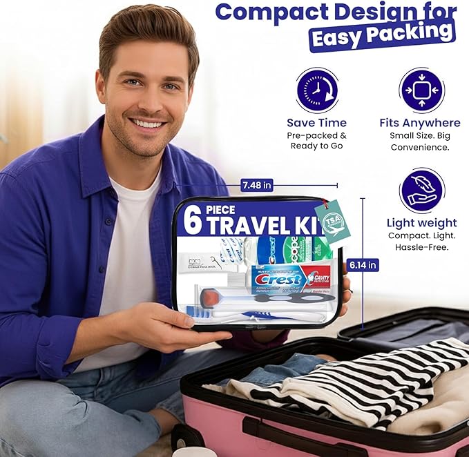 Trektote Bulk Toothpaste and Toothbrush Set- (25 Pack) 6 Piece Dental Care Kit, TSA Compliant, Includes Toothpaste, Toothbrush, Mouthwash, Flosses and Premium Toiletry Bag