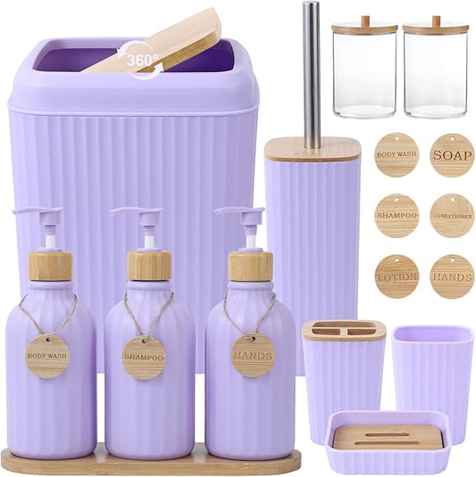 Light Purple Bathroom Accessories Set 17PCS Bathroom Set with Trash Can 3PCS Lotion Soap Dispenser, Toothbrush Holder, Soap Dish,Tumbler Cup,6PCS Wood Tags Bath Accessories with Tray for Bathroom