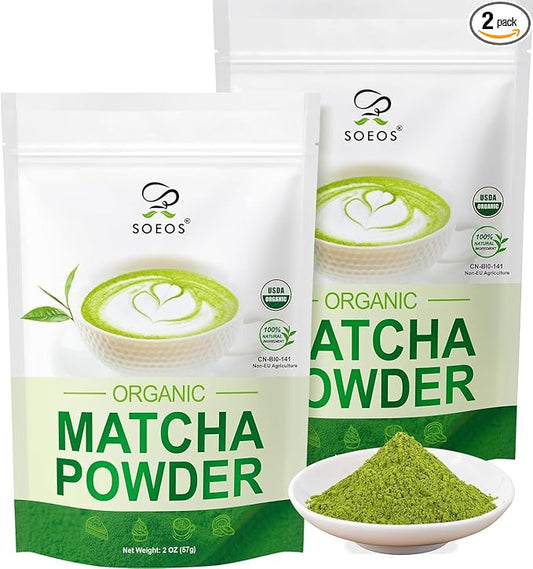 Soeos Organic Matcha Powder, Matcha Green Tea Powder, 2 oz (2 Pack), Total 4 oz, Antioxidant-Rich Japanese Matcha for Lattes, Smoothies and Baking, Recyclable Bags