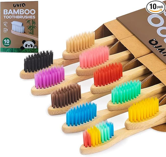 Bamboo Toothbrushes for Adults - 10 Pack Biodegradable Bamboo Toothbrush Teeth Colorful Bristle Natural Bamboo Tooth Brush Dental Eco Wood Toothbrushes (Multicolour)
