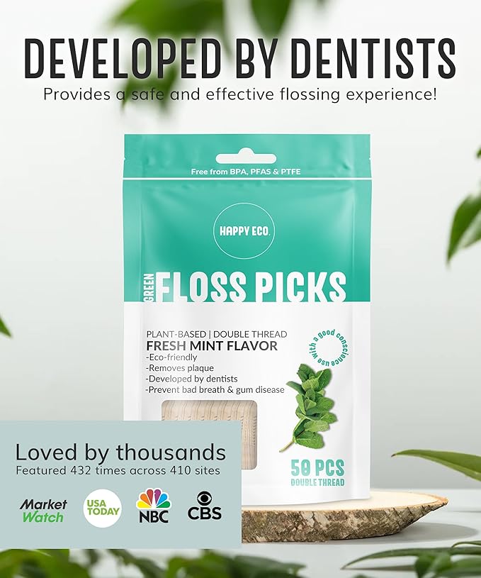 Floss Picks Biodegradable (100pcs) - Natural Dental Floss Picks, Vegan, Sustainable, Reusable, Shred Resistant and Nontoxic Plant-Based Material - Single Thread Mint
