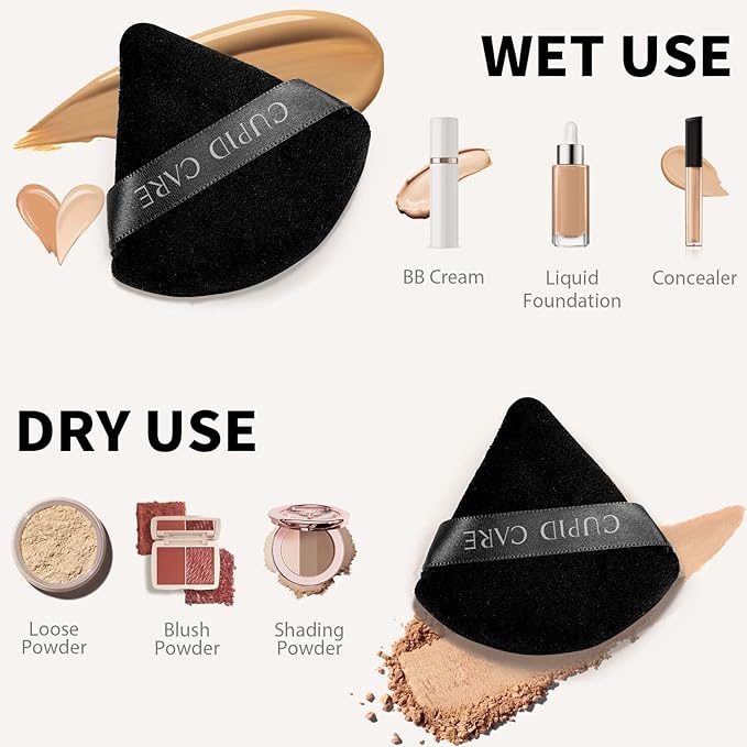 6 Pcs Triangle Powder Puff with 2 Travel Cases, Setting Powder Puffs for Face Powder and Foundation, Soft Velour Makeup Puff for Loose Powder Body Powder, Skin-Friendly, Beauty Makeup Tools