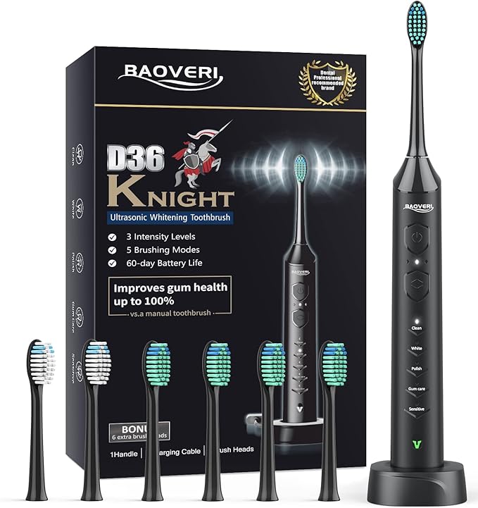 BAOVERI Sonic Electric Toothbrush for Adults and Kids - Wireless Rechargeable Toothbrush, 6 Brush Heads - 5 Brushing Modes with 3 Intensities - 42000 VPM Motor - Charge Lasts Up to 60 Days