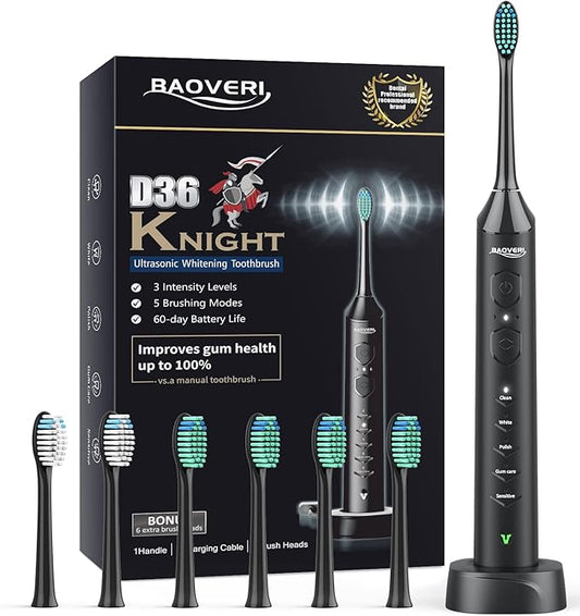 BAOVERI Sonic Electric Toothbrush for Adults and Kids - Wireless Rechargeable Toothbrush, 6 Brush Heads - 5 Brushing Modes with 3 Intensities - 42000 VPM Motor - Charge Lasts Up to 60 Days