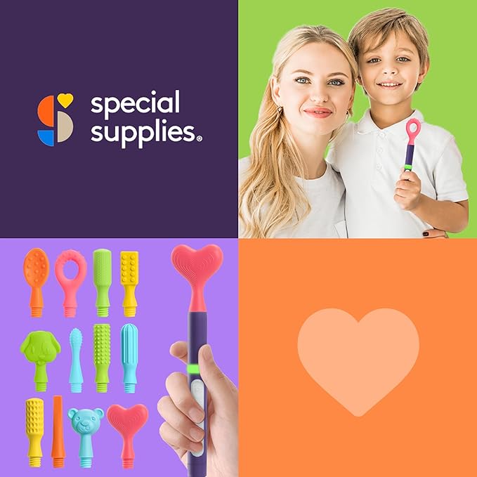 Special Supplies Buzz Buddy Oral Motor Stimulation kit with 12 Soft Textured Interchangeable Heads, Calm Sensory Needs, Support Speech, and Stimulate Self Feeding, Gentle Vibrations