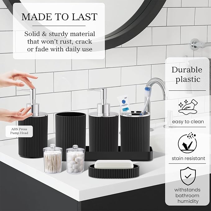 Black Bathroom Accessories Set, 10PC Bathroom Set, Bath Accessory with Pop Up Trash Can, Soap Dispenser, Toilet Brush, Toothbrush Set Qtip Holders & Tray