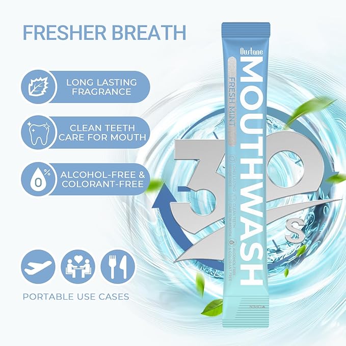 Travel Size Fresh Mint Mouthwash, Alcohol-Free, 15ml Portable Packets, Long-Lasting Freshness (30)