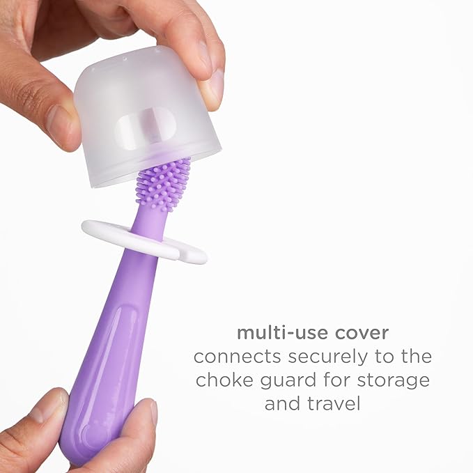 Ubbi Grow with Me Toothbrush Training Set for Babies and Toddlers, Includes One 360° Food-Grade Platinum Silicone and One Soft Bristled Toothbrush, Smoothie Purple and Zest Green