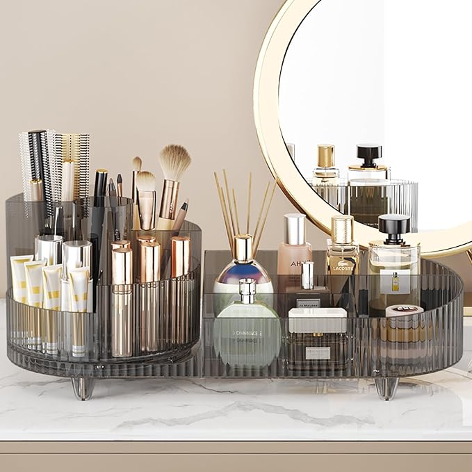 360° Rotating Makeup Organizer for Vanity - Large Capacity Cosmetic Display Case Countertop Cosmetic Storage Holder with Makeup Brush Holders （Gray）