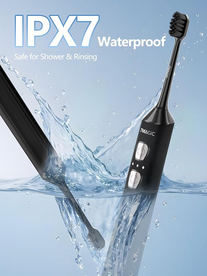 7MAGIC Sonic Electric Toothbrush for Adults and Kids - Up to 180 Days Runtime, 42000 VPM Powered Toothbrush, 5 Modes & 3 Intensities for Sensitive Teeth & Braces, Includes 8 Brush Heads, Black