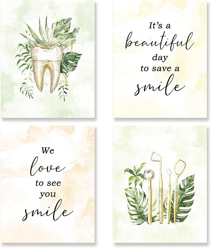 KSDUT Dental Wall Decor Art Set of 4 - Dentist Clinic Artwork Poster Prints Green Leaf Wall Decor Botanical Dentistry Picture Wall Art for Office Home Hospital Decorations - 8"x10" Unframed