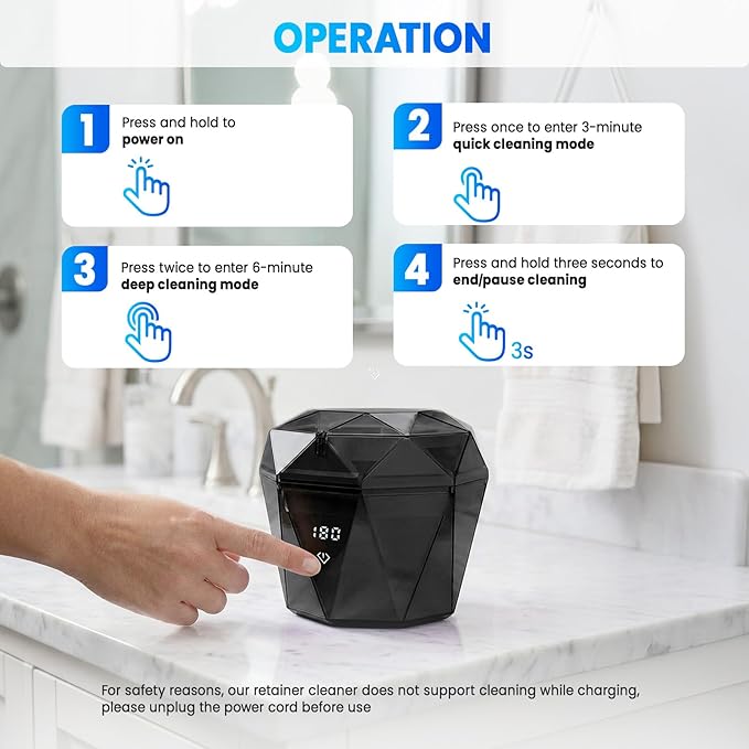 15W Ultrasonic Retainer Cleaner with 2 * 2000mAh Rechargeable Battery, LUMYSPACE 43±5KHz Denture Cleaner Machine, Digital Timer & U-V-C Lights for Braces Night Guard Mouthguard Aligners Jewelry
