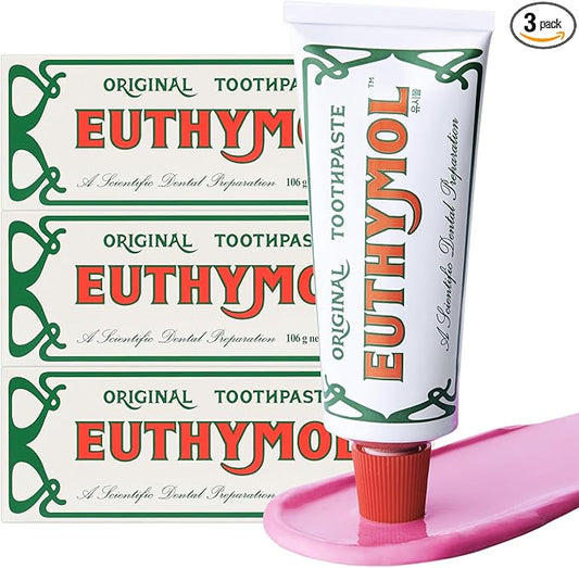 EUTHYMOL Original Pink Toothpaste (3.7fl oz*3, Pack of 3) - Fluoride-Free Toothpaste for Sensitive Teeth & Gum. Bad Breath, Cavity Prevention, 12-Hour Long Lasting Freshness with Wintergreen