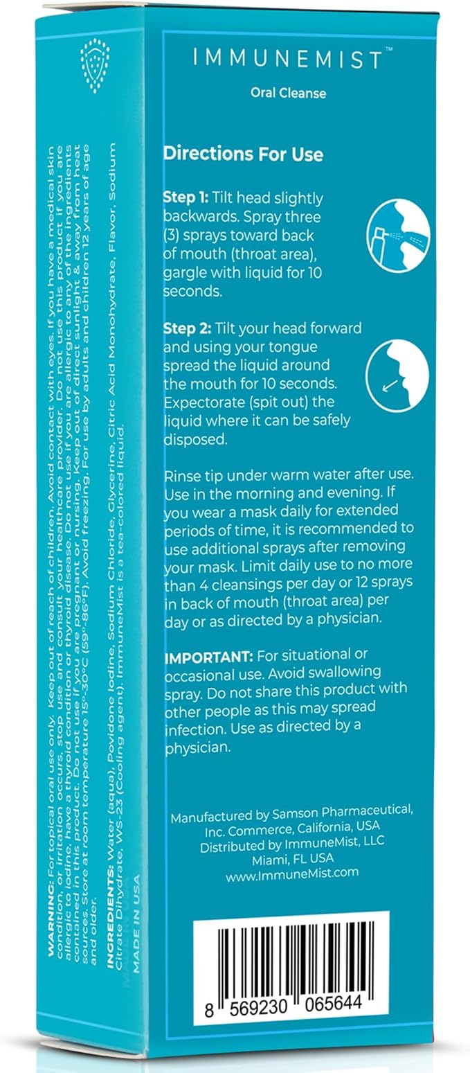ImmuneMist™ Oral Cleanse - Iodine Throat Spray for Cold & Flu Relief - Oral Sore Throat Spray for Cough, Cleansing Against Bacteria, Germs, Viruses - Immune Support up to 250 Doses - Made in The USA