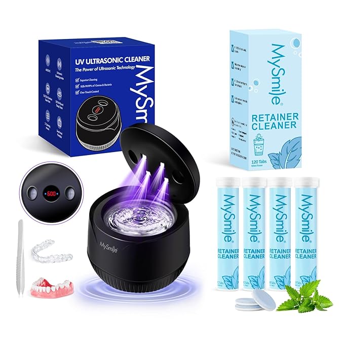 MySmile Ultrasonic Retainer Cleaner Machine with Tablets- 45kHz Black Denture Cleaner Machine with 200ML Capacity and MySmile Retainer Cleaner with 120 Denture Cleaning Mint Flavor Tablets