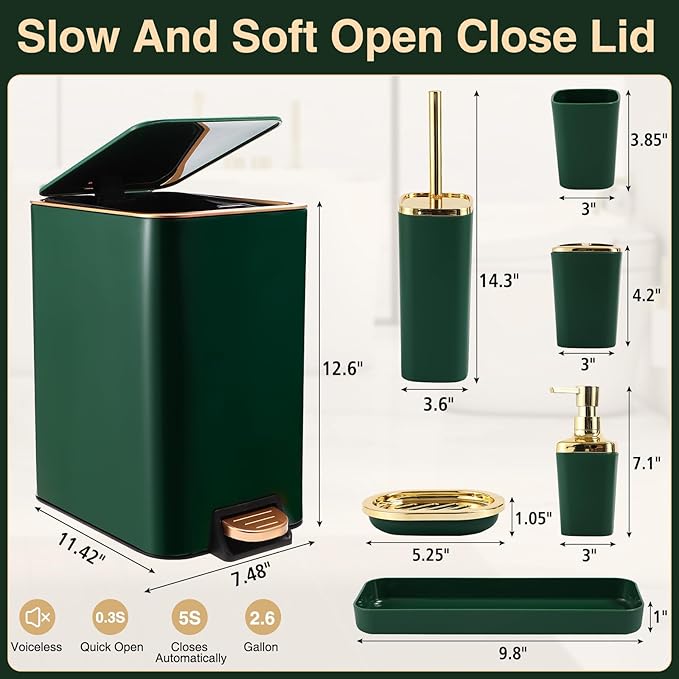 Bathroom Set Bathroom Accessories Set 8 Piece Green and Gold Bathroom Set, Bathroom Sets with Stainless Steel Trash Can,Toilet Brush,Toothbrush Set,Soap Dispenser