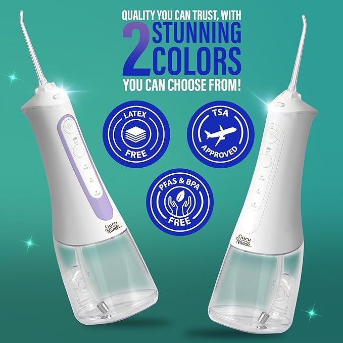 GuruNanda Water Dental Flosser 2.0 XL – 380ML Large Tank, 4 Flossing Modes, Cordless & Portable with Smart Timer for Deep Cleaning & Happy Gums - Lavender