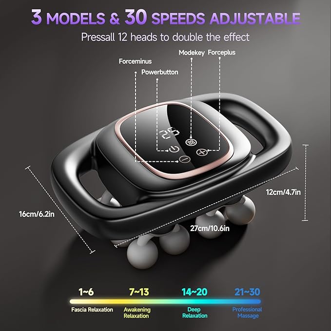 12 Head Massage Gun, Massages Gun Deep Tissue With 3 Modes & 30 Levels Intensities, Quiet Multi Head Massage Gun For Backs, Shoulders, Legs and Full Body Muscle Pain Relief, Gifts for Men Women