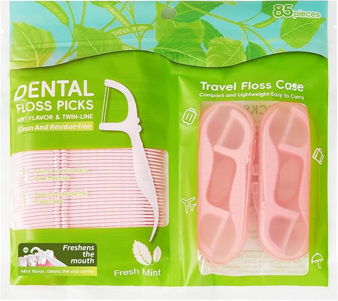 Pink Mint Dental Floss Picks, 2 Portable Travel Cases (10 Picks) + 65 Refills, Double-Line Flossers for Tight Teeth, Fresh Breath, Plaque Removal, BPA-Free, On-The-Go Oral Care