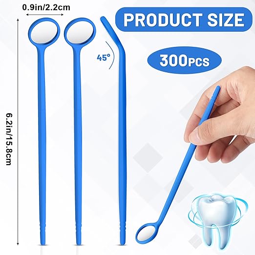 Geiserailie 300 Pcs Disposable Dental Mirror Anti Fog Mouth Mirror Individually Packed Dental Mirror for Teeth Oral Teeth Mirrors with Handles Plastic Tooth Mirror Dental Tool for Household (Blue)