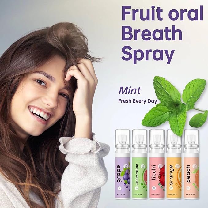 5PCS Fruit Oral Breath Spray, Mouth Breath Freshener, Natural Fresh Breath Freshener Spray, Portable Mint Dry Mouth Spray Effective Refreshing Bad Breath Treatment Oral Odor Care Mist Sprays for Adult