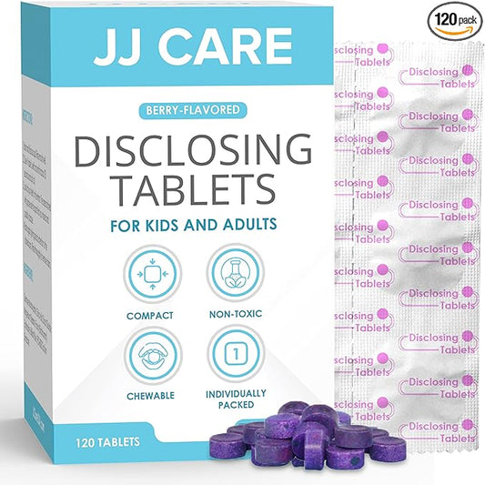 JJ Care Disclosing Tablets for Kids and Adults - 120 Count, Individually Wrapped Plaque Disclosing Tablets for Kids Brushing Teeth, Berry Flavored Plaque Remover, Dental Care for Teeth Brushing