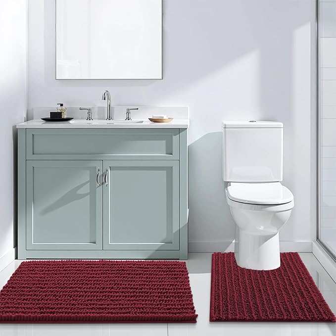 Arotive Luxury Chenille Bathroom Rug Mat, Extra Soft Thick Absorbent Shaggy Bath Rugs, Non-Slip Machine Wash Dry, Plush Bath Mats for Bathroom, Shower and Tub, 47x17, Burgundy