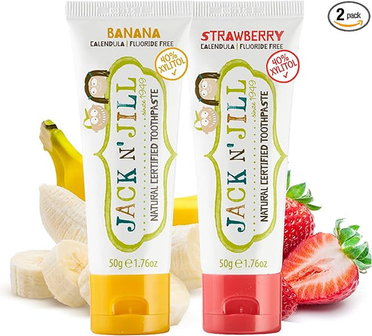 Jack N' Jill Natural Toddler Toothpaste - Fluoride Free Training Toothpaste for Toddlers 1-3, 40% Xylitol, BPA Free - Strawberry & Banana 1.76 oz (Pack of 2)