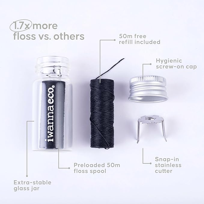 Eco-Friendly Bamboo Charcoal Dental Floss | Refillable Wide Glass Jar with Screw Lid + 50m Free Refill | 100m Total | Peppermint | Candelilla Wax | Zero Waste, Vegan | Flossers for Adults – Oral Care