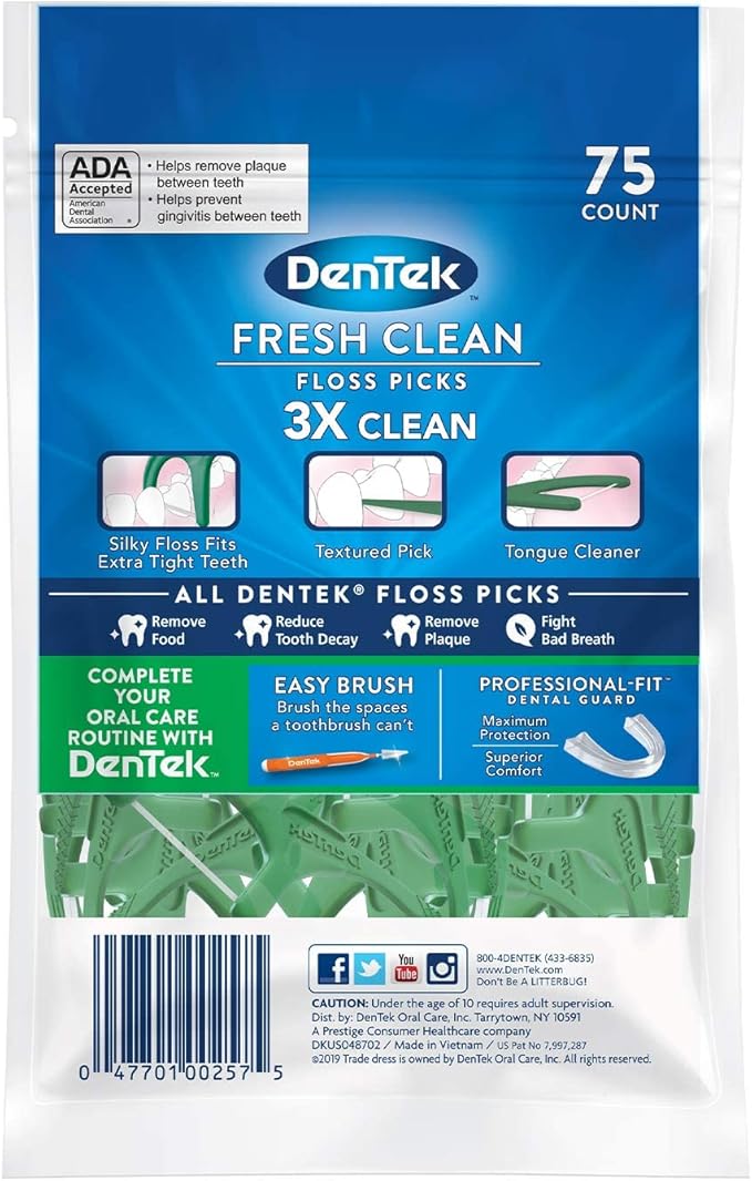 DenTek Fresh Clean Floss Picks, for Extra Tight Teeth, 75 Count, (Pack of 2)