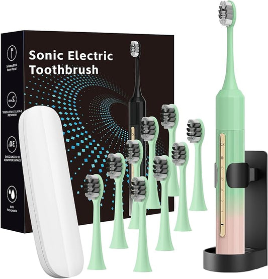 Lumivoid Sonic Electric Toothbrush 42000 Vibrations with 10 Brush Heads Suitable for Adults 30 Days of Use on a Single Charge,5 Modes Built-in 2-Minute Smart Timer, IPX8 Rated Waterproof (Green Pink)