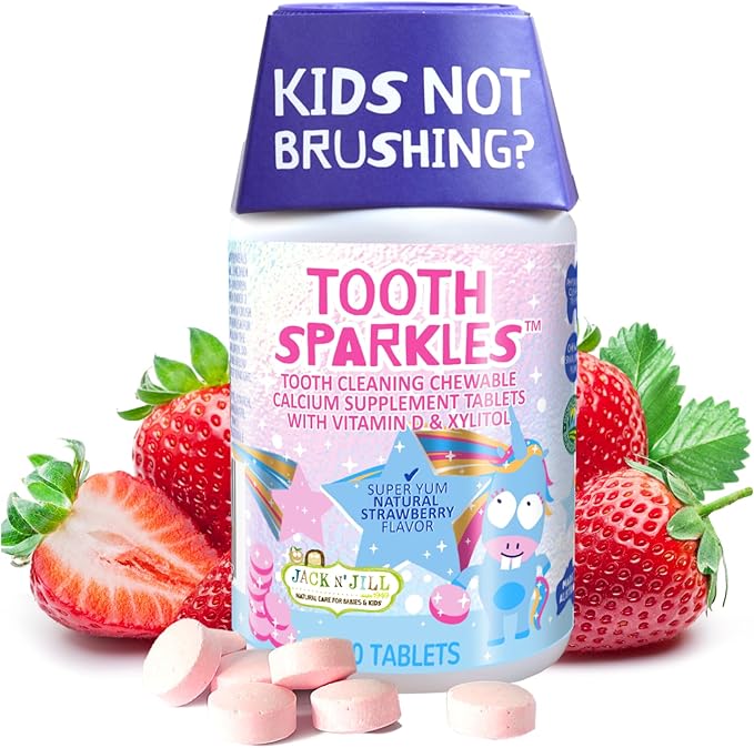 Jack N' Jill Tooth Sparkles - Tooth Cleaning Calcium Chews, Supports Teeth & Bone Development, Natural Flavors, with Xylitol, Vitamin D & Calcium, Sugar-Free - Natural Strawberry, 60 Tablets