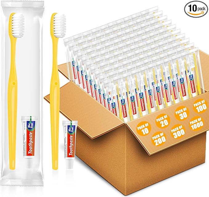 Disposable Toothbrushes with Toothpaste 10 Pack, Travel Size Toothbrush and Toothpaste Set, Bulk Tooth Brush Tooth Paste Kit, Individually Wrapped Travel Toiletries for Homeless, Hotel