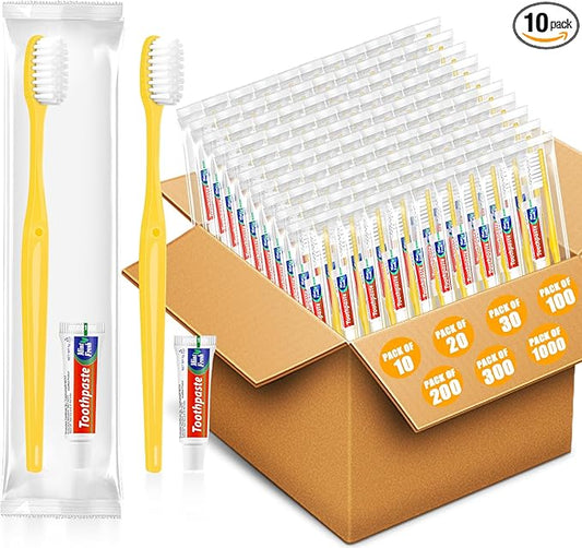 Disposable Toothbrushes with Toothpaste 10 Pack, Travel Size Toothbrush and Toothpaste Set, Bulk Tooth Brush Tooth Paste Kit, Individually Wrapped Travel Toiletries for Homeless, Hotel
