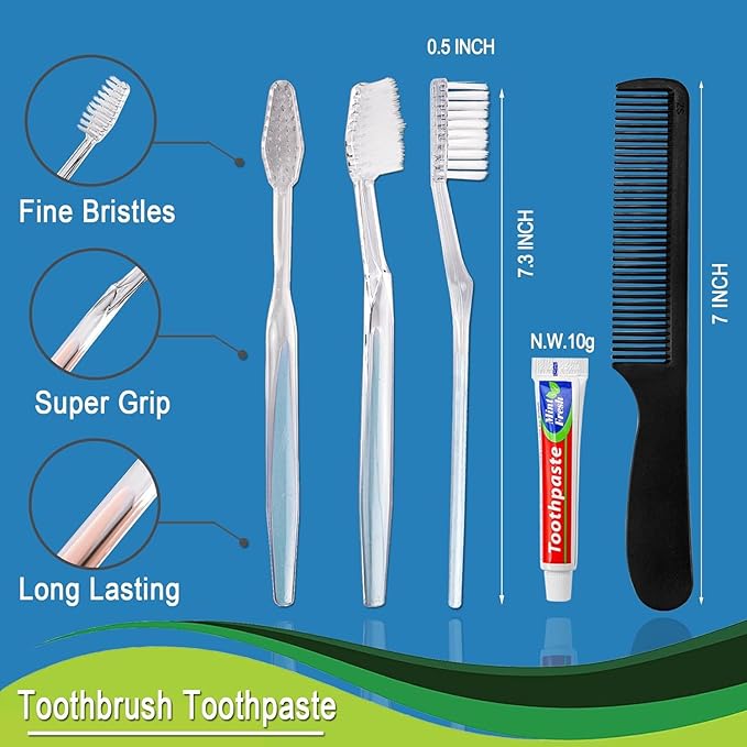 HQSLsund 500 pcs Disposable Toothbrushes with Toothpaste and Comb for Homeless Individually Wrapped,10g Travel Toothpaste,7inch Black Hair Comb, Toothbrush for Hotel,AirBnb,Shelter,Charity