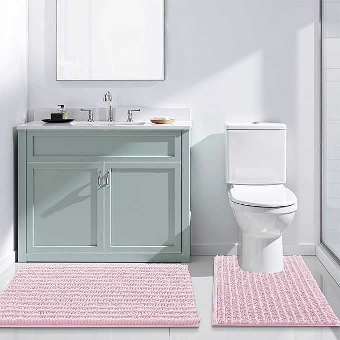 Arotive Luxury Chenille Bathroom Rug Mat, Extra Soft Thick Absorbent Shaggy Bath Rugs, Non-Slip Machine Wash Dry, Plush Bath Mats for Bathroom, Shower and Tub, 60x24, Pink