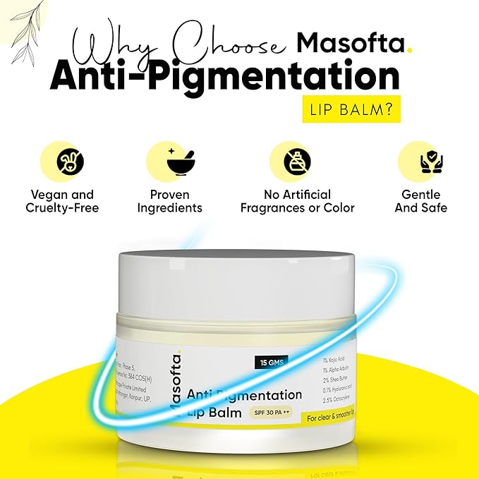 Shea Butter Lip Balm with Kojic Acid, Alpha Arbutin & Shea Butter for Smooth, Crack Free & Clear Lips, SPF 30 PA++, For Men & Women, 0.52 oz/15GMS