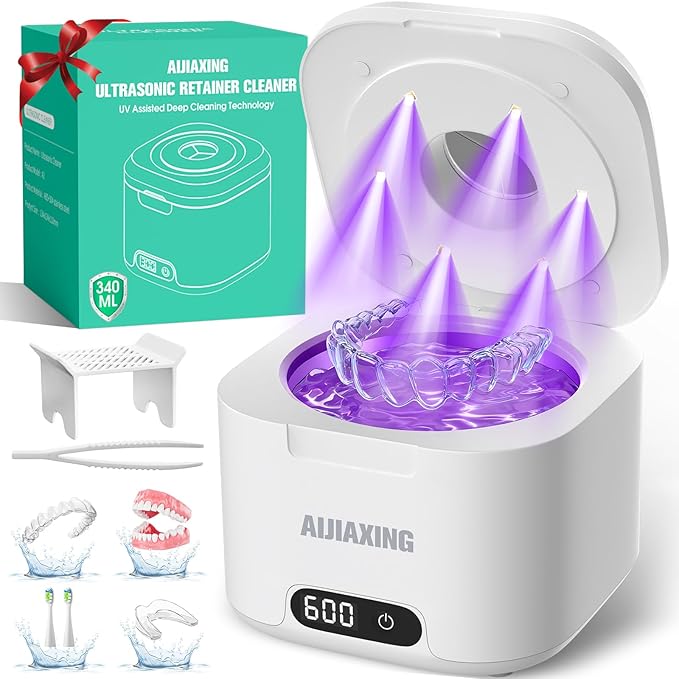 Ultrasonic Retainer Cleaner with UV Light, 49kHz Dental Ultrasonic Cleaner Machine with Digital Timer,Stainless Steel Tank for Retainers, Aligners, Dentures, Night Guards & Jewelry-White