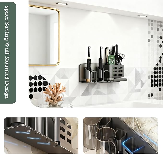 Aluminum Wall Mounted Bathroom Organizer (Black) - Self-Adhesive Toothbrush Holder for Toothpaste, Cups, Combs & Dental Supplies