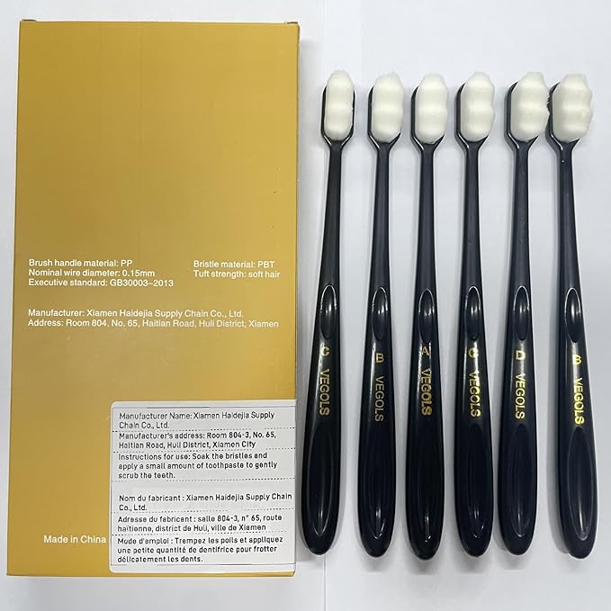 Adult Extra Soft Toothbrush with 20000 Soft Bristles, (Pack of 6) Micro Nano Manual Toothbrushes for Protect Sensitive Gums - Black