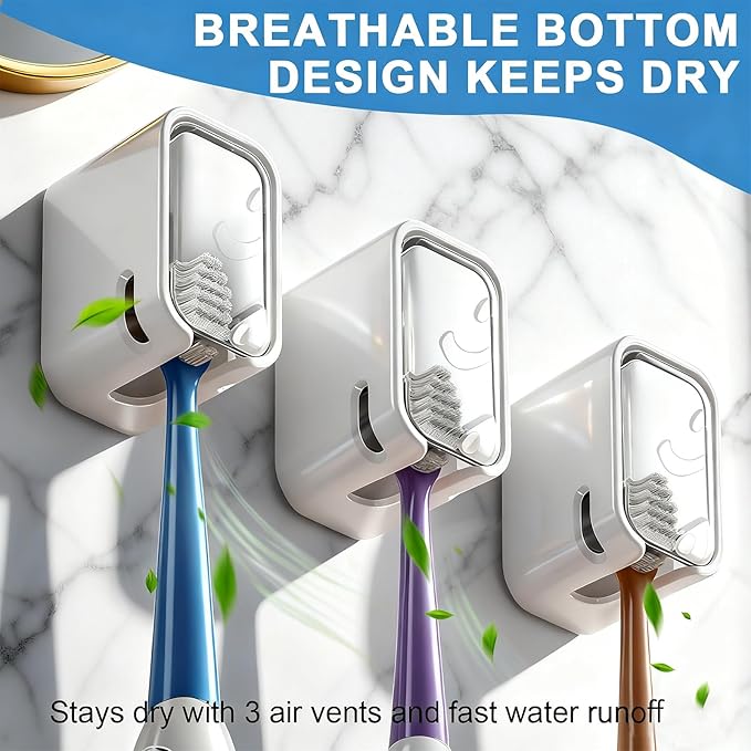 3 Pack Toothbrush Holders for Bathroom - Wall Mounted with Cover Single Slot Space-Saving Tooth Brush Holder Dispenser Storage Organizer for Shower, Family & Travel (2 Grey & 1 Brown)